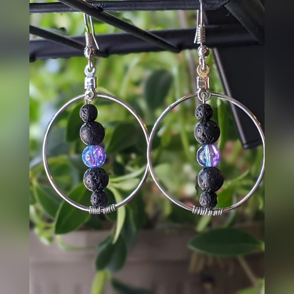 Handmade earrings with lava rocks & cracked glass